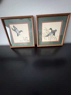 Vintage 1984 Framed Needlepoint Set of 2 Mallard Ducks